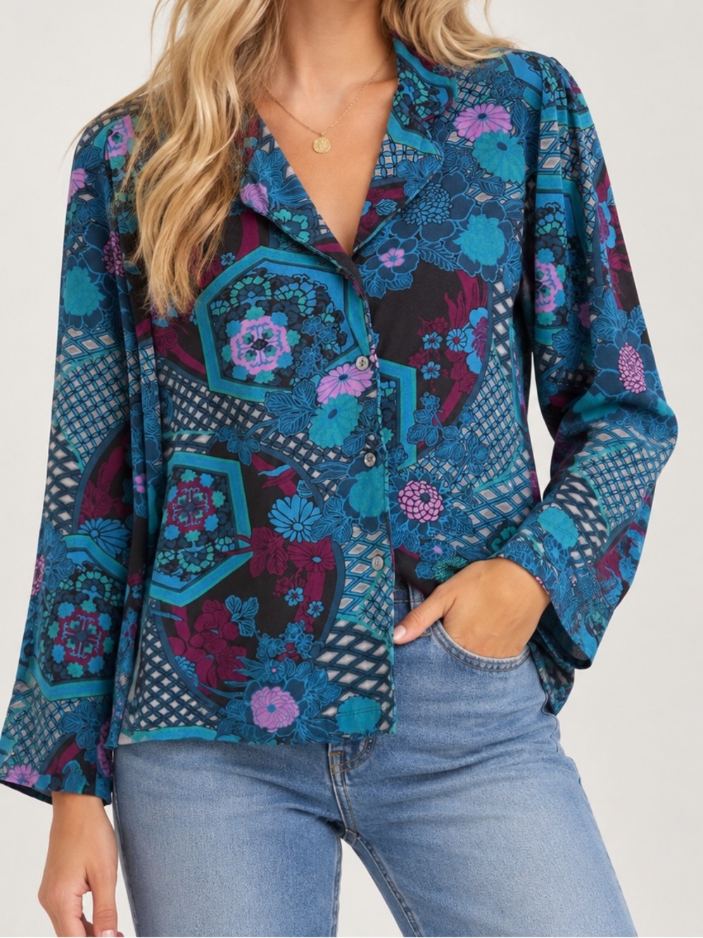 Natori Blue Floral Button Front Kimono Sleeve Tunic Top Large
